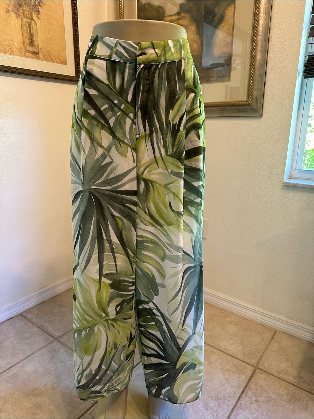 Soft Surroundings Tropical Leaf Palazzo Pants w/Pockets- Green & White SZ Large